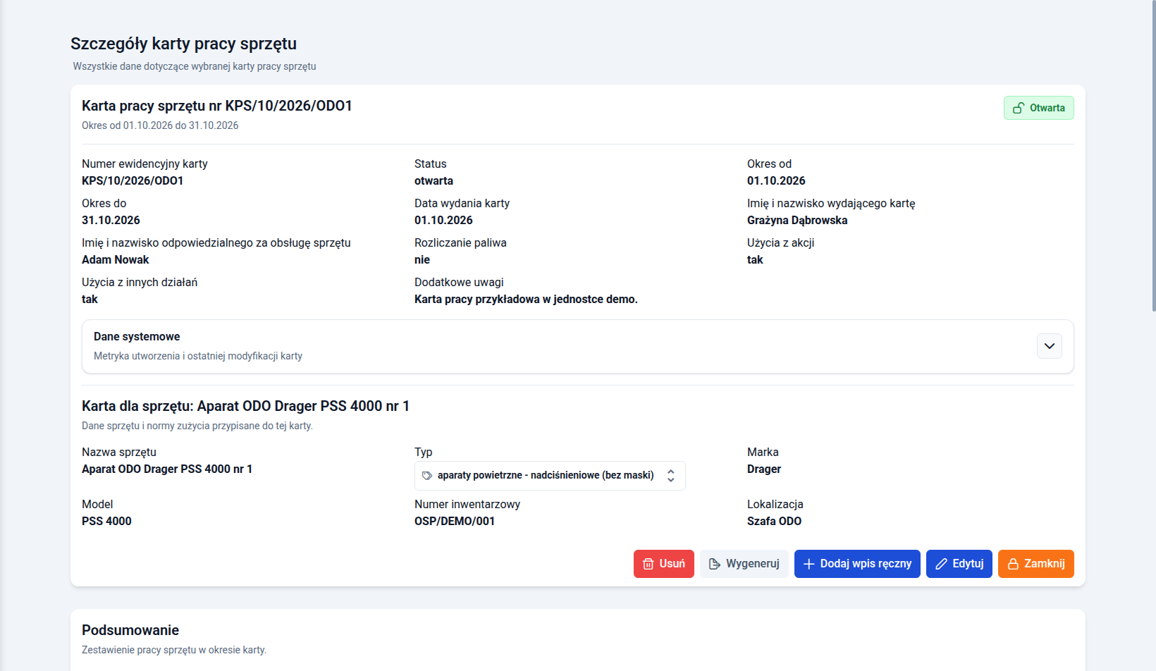 Szczegóły karty pracy sprzętu KPS/10/2026/ODO1: okres od 01.10.2026 do 31.10.2026, status „otwarta”, rozliczanie paliwa „nie”, użycia z akcji i z innych działań „tak”, dane aparatu ODO Drager PSS 4000 nr 1 oraz przyciski „Usuń”, „Wygeneruj”, „Dodaj wpis ręczny”, „Edytuj” i „Zamknij”