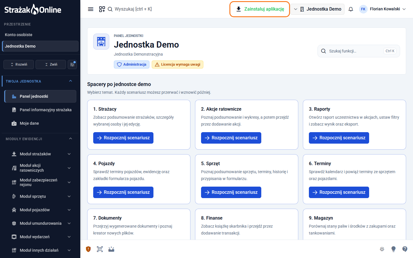 Komputer: przycisk „Zainstaluj aplikację” w górnym pasku Strażak.Online, obok wyboru jednostki