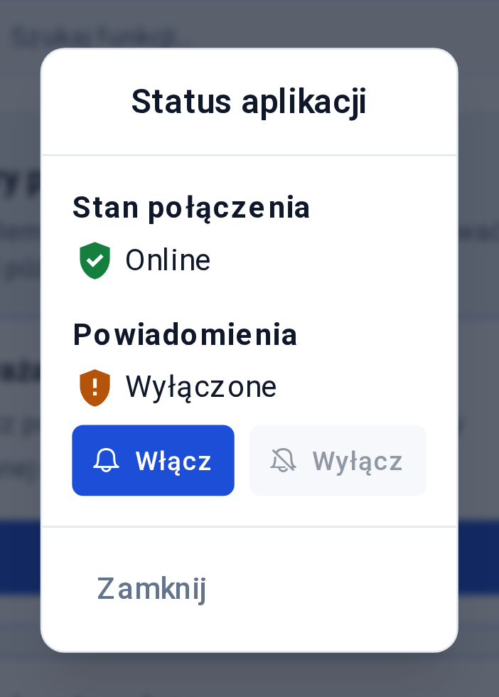 Okno „Status aplikacji” na telefonie: stan połączenia Online i powiadomienia z przyciskami „Włącz” i „Wyłącz”
