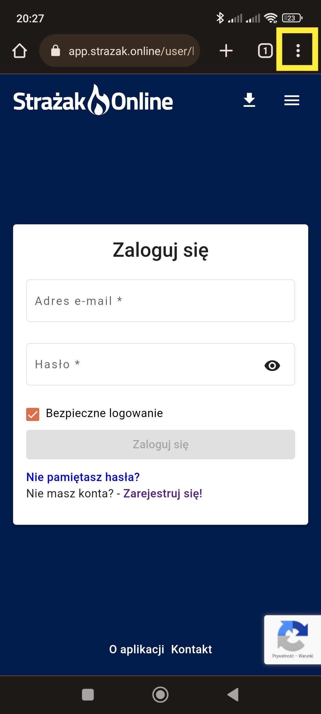 Android: otwarte menu przeglądarki na stronie aplikacji Strażak.Online
