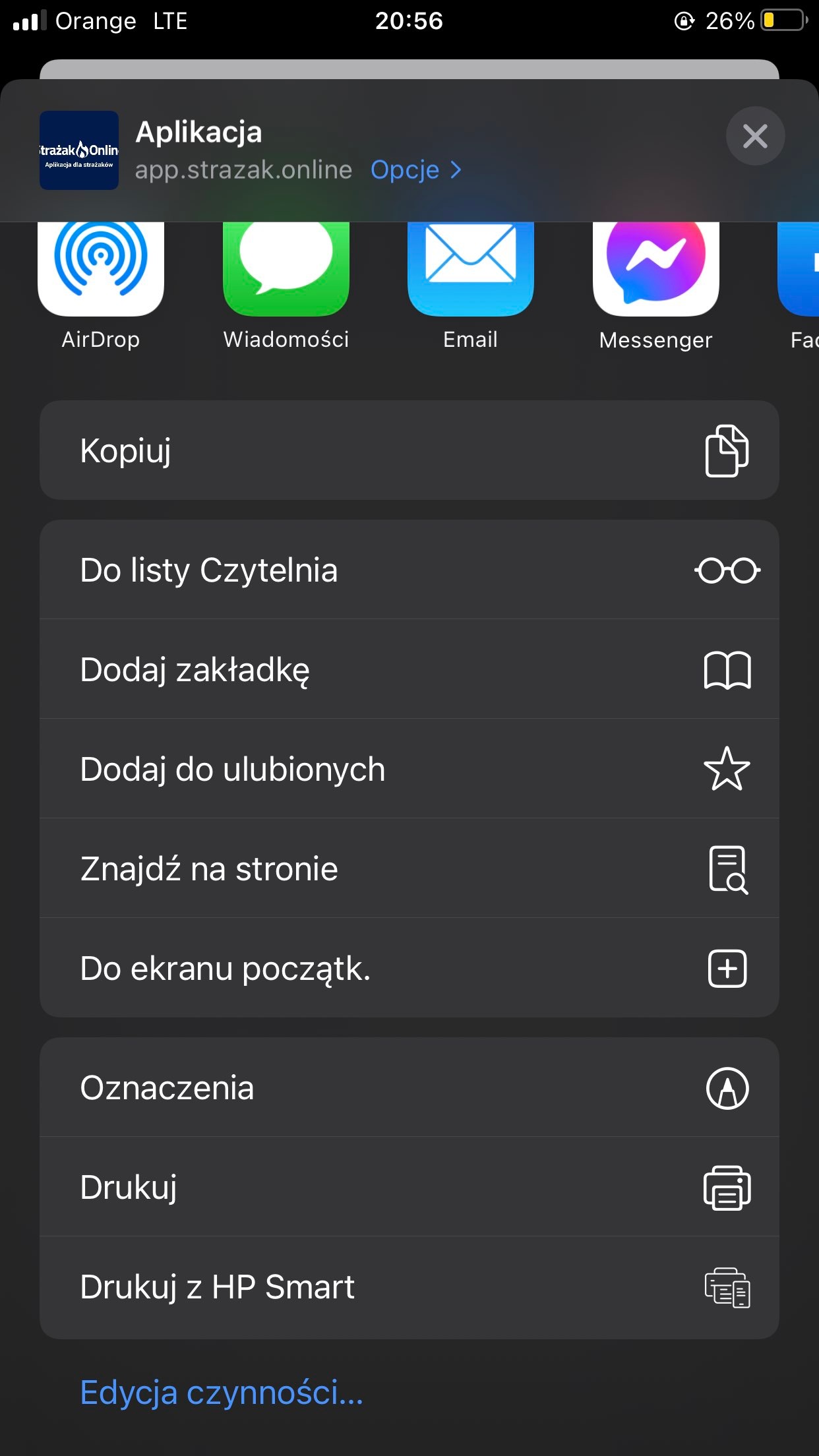iPhone: menu udostępniania Safari z opcją „Do ekranu początk.”