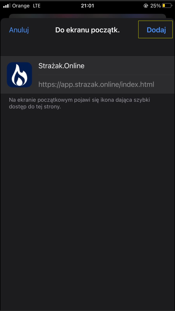 iPhone: potwierdzenie dodania Strażak.Online do ekranu początkowego przyciskiem „Dodaj”