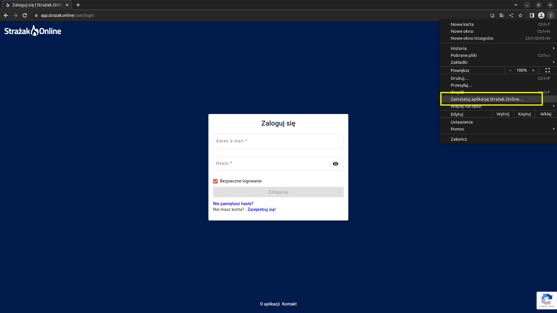 Komputer: opcja „Zainstaluj aplikację Strażak.Online…” w menu Chrome