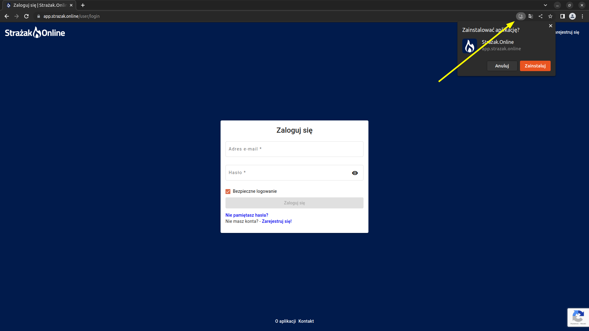 Komputer: okno „Zainstalować aplikację?” otwarte z ikony na pasku adresu Chrome